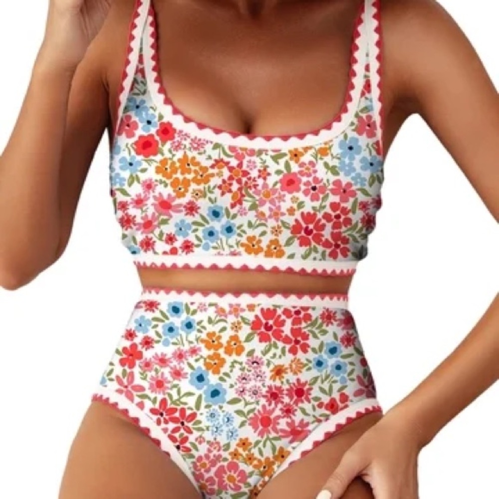 Floral High-Waisted Bikini Set with Embroidered Details
